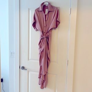 Pink satin midi button down belted dress.